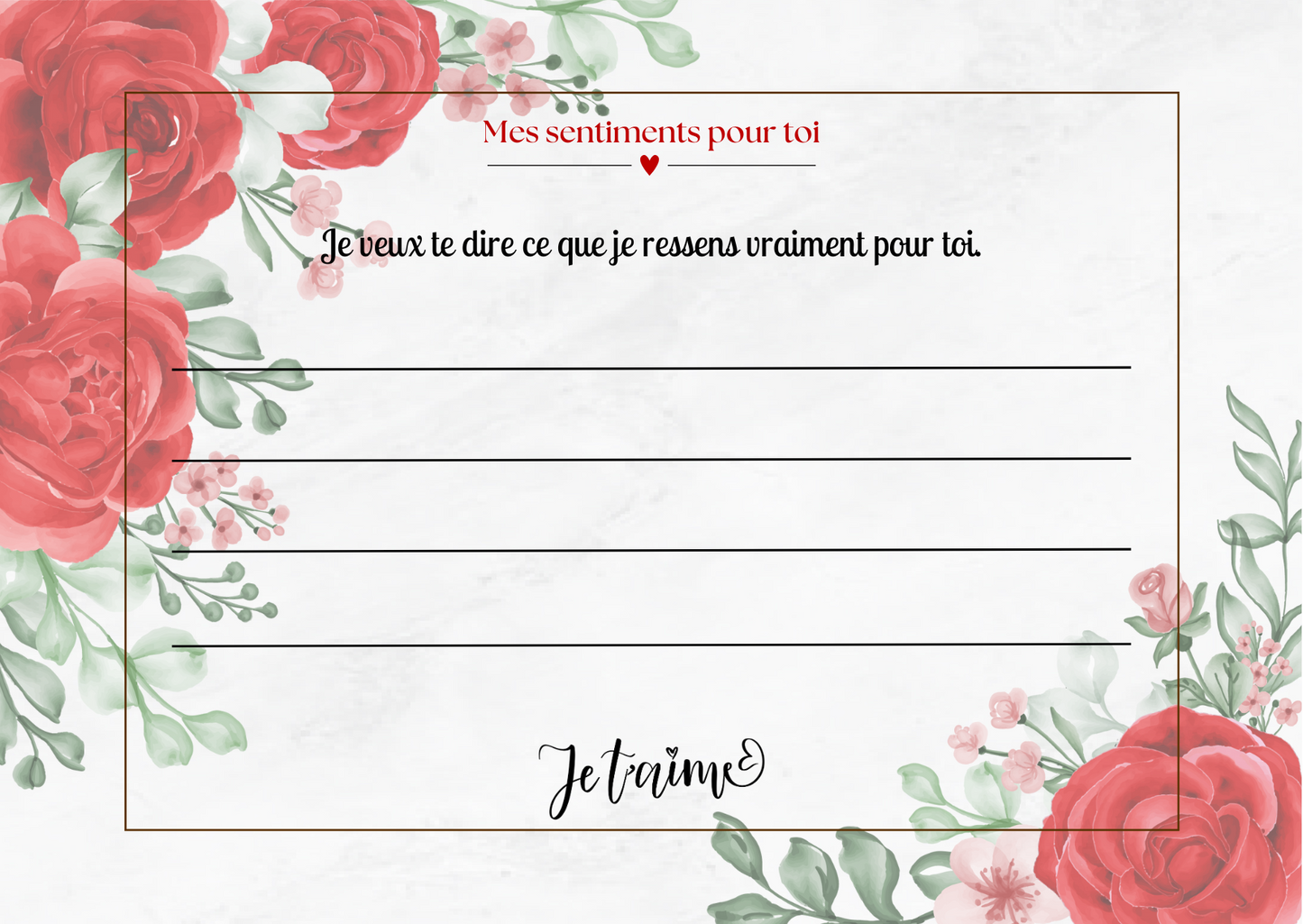 Carte d’amour couple – Mes sentiments pour toi | PDF personnalisable et imprimable | Carte romantique à offrir avec message d’amour