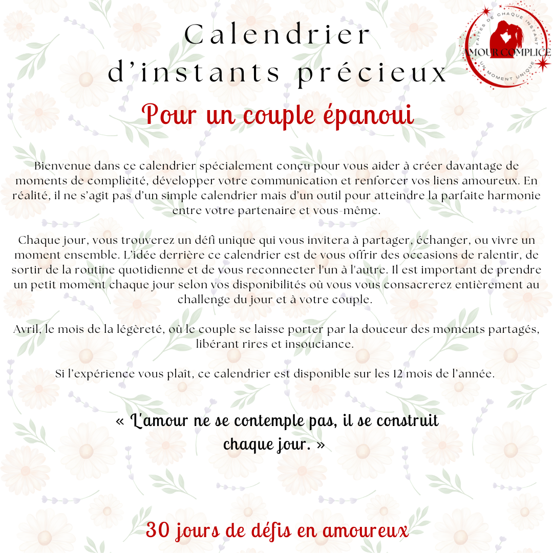 Calendrier couple Avril – 30 défis amoureux à faire en duo | PDF personnalisable et imprimable | Activités romantiques pour couple