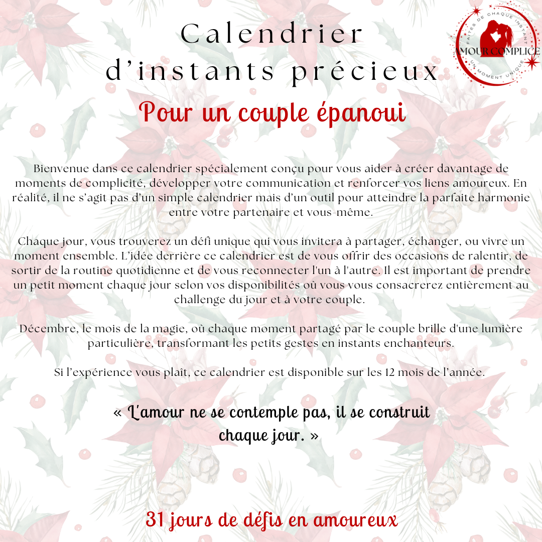 Calendrier couple Décembre – 31 défis amoureux à faire en duo | PDF personnalisable et imprimable | Activités romantiques pour couple