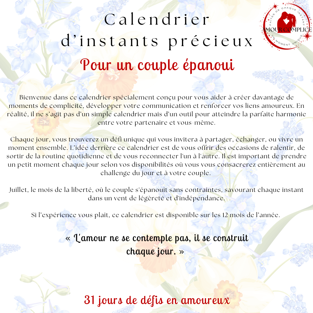 Calendrier couple Juillet – 31 défis amoureux à faire en duo | PDF personnalisable et imprimable | Activités romantiques pour couple
