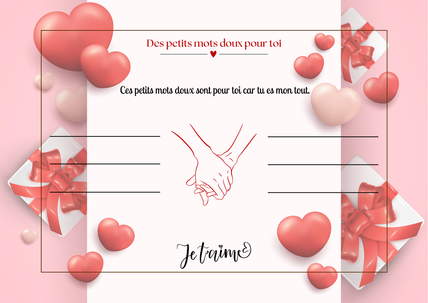 Carte d’amour couple – Des petits mots doux pour toi | PDF personnalisable et imprimable | Carte romantique à offrir avec message d’amour