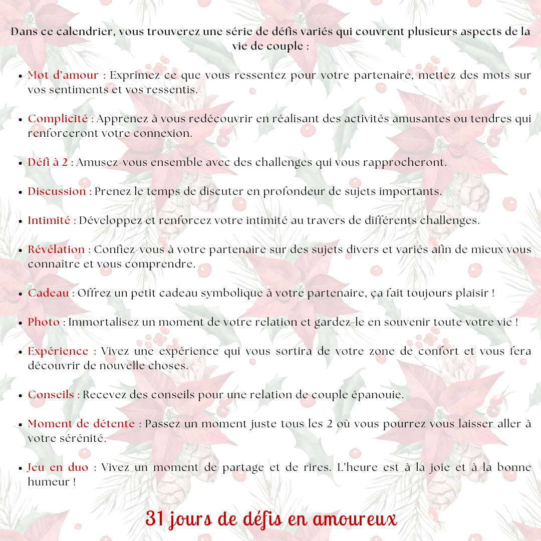 Calendrier couple Décembre – 31 défis amoureux à faire en duo | PDF personnalisable et imprimable | Activités romantiques pour couple