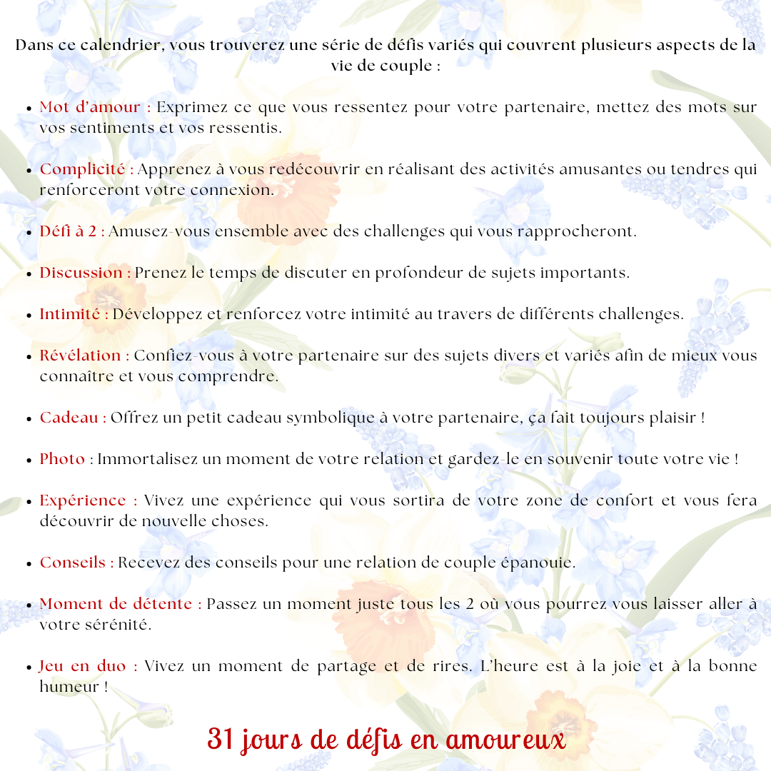 Calendrier couple Juillet – 31 défis amoureux à faire en duo | PDF personnalisable et imprimable | Activités romantiques pour couple