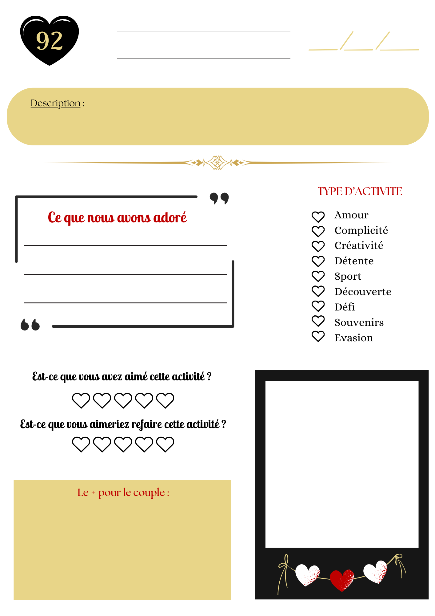 Cahier d’activités couple – 100 idées à faire en duo | PDF personnalisable et imprimable | Jeux, défis et activités romantiques pour couple