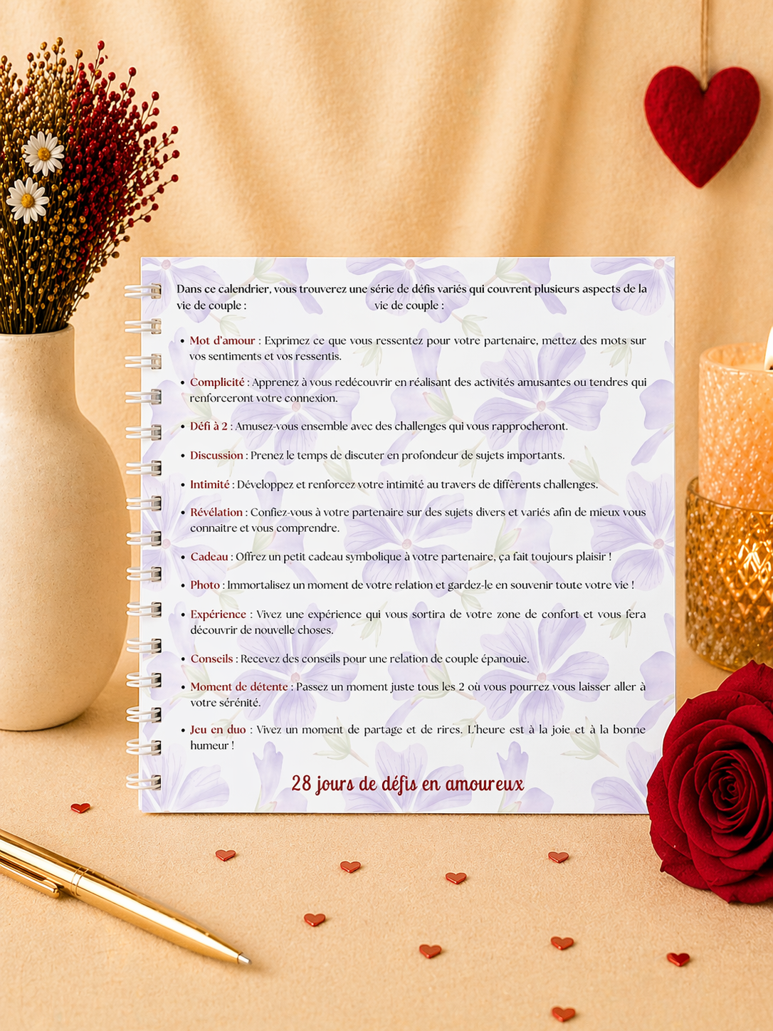 28 Défis Amoureux Février – Calendrier Papier Personnalisable