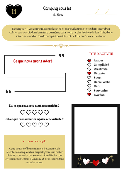 Cahier d’activités couple – 100 idées à faire en duo | PDF personnalisable et imprimable | Jeux, défis et activités romantiques pour couple