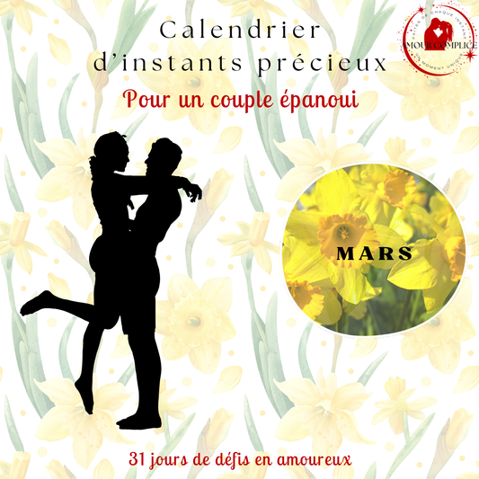 Calendrier couple Mars – 31 défis amoureux à faire en duo | PDF personnalisable et imprimable | Activités romantiques pour couple