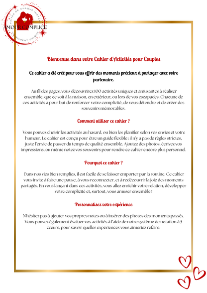 Cahier d’activités couple – 100 idées à faire en duo | PDF personnalisable et imprimable | Jeux, défis et activités romantiques pour couple