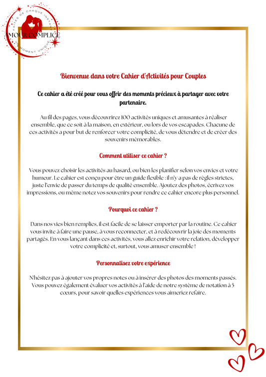 Cahier d’activités couple – 100 idées à faire en duo | PDF personnalisable et imprimable | Jeux, défis et activités romantiques pour couple