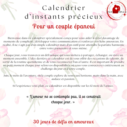 Calendrier couple Juin – 30 défis amoureux à faire en duo | PDF personnalisable et imprimable | Activités romantiques pour couple