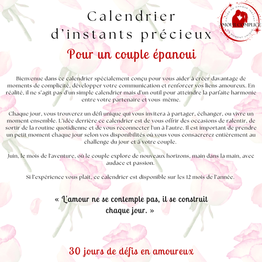 Calendrier couple Juin – 30 défis amoureux à faire en duo | PDF personnalisable et imprimable | Activités romantiques pour couple