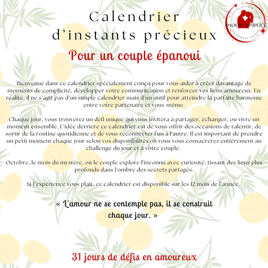 Calendrier couple Octobre – 31 défis amoureux à faire en duo | PDF personnalisable et imprimable | Activités romantiques pour couple