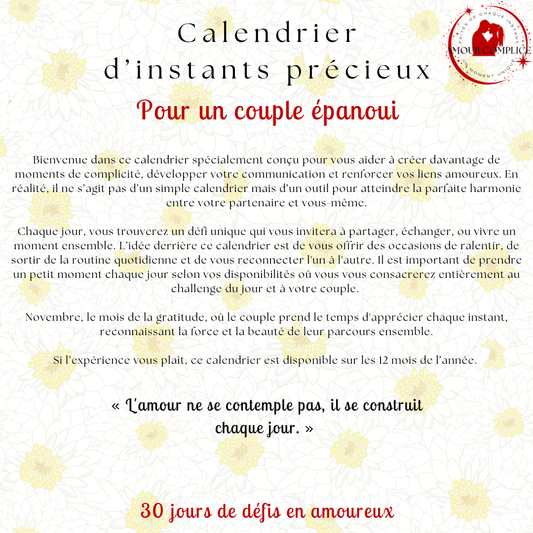 Calendrier couple Novembre – 30 défis amoureux à faire en duo | PDF personnalisable et imprimable | Activités romantiques pour couple