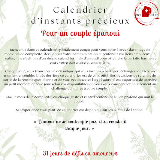 Calendrier couple Mai – 31 défis amoureux à faire en duo | PDF personnalisable et imprimable | Activités romantiques pour couple