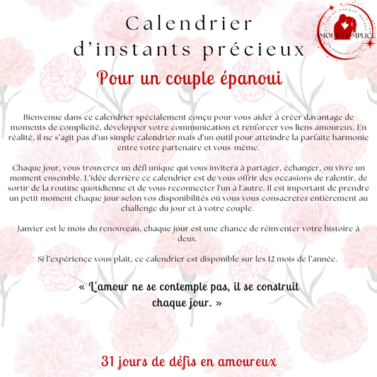 Calendrier couple Janvier – 31 défis amoureux à faire en duo | PDF personnalisable et imprimable | Activités romantiques pour couple