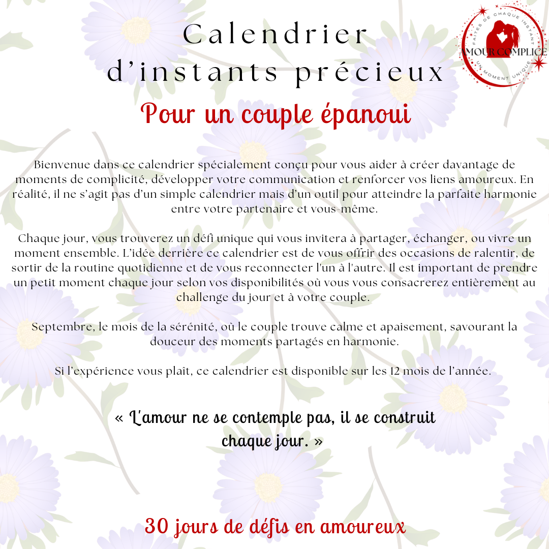 Calendrier couple Septembre – 30 défis amoureux à faire en duo | PDF personnalisable et imprimable | Activités romantiques pour couple