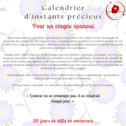 Calendrier couple Septembre – 30 défis amoureux à faire en duo | PDF personnalisable et imprimable | Activités romantiques pour couple