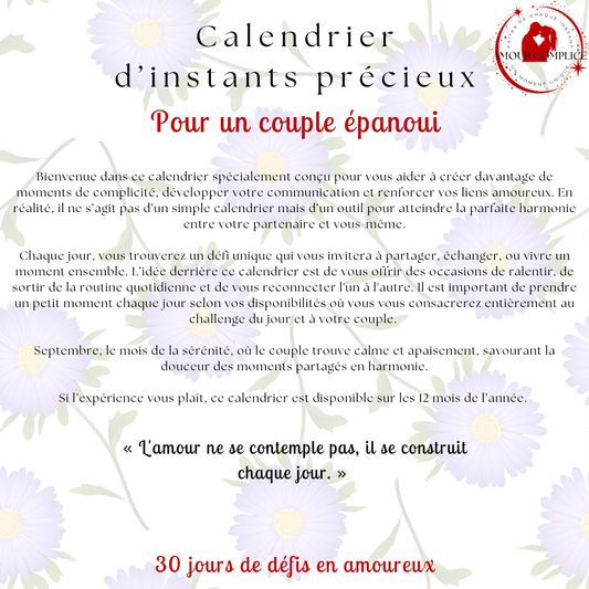 Calendrier couple Septembre – 30 défis amoureux à faire en duo | PDF personnalisable et imprimable | Activités romantiques pour couple