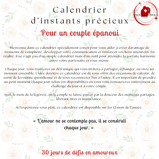 Calendrier couple Avril – 30 défis amoureux à faire en duo | PDF personnalisable et imprimable | Activités romantiques pour couple