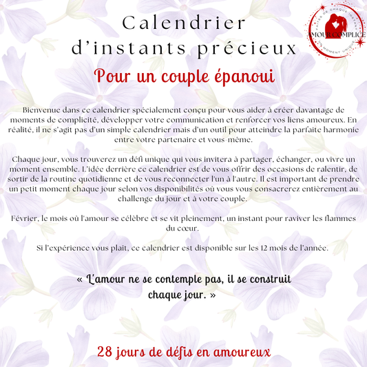 Calendrier couple Février – 28 défis amoureux à faire en duo | PDF personnalisable et imprimable | Activités romantiques pour couple