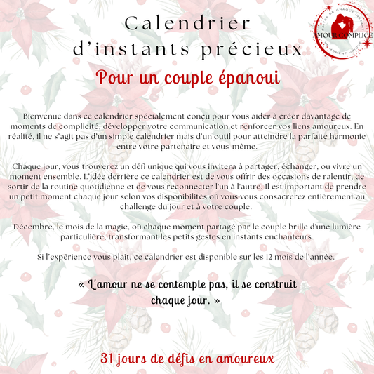 Calendrier couple Décembre – 31 défis amoureux à faire en duo | PDF personnalisable et imprimable | Activités romantiques pour couple