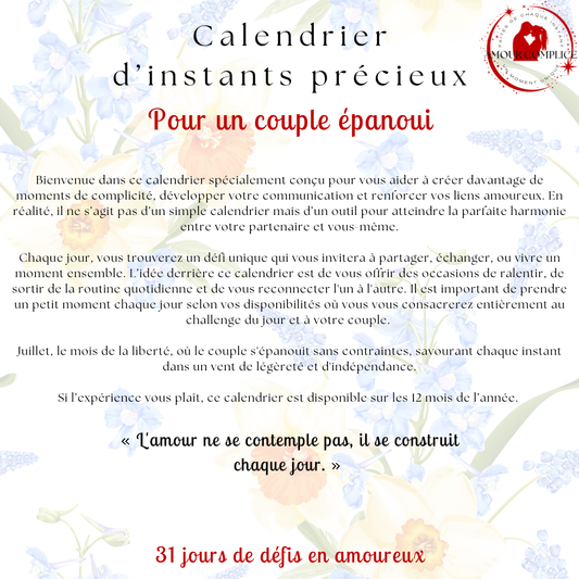 Calendrier couple Juillet – 31 défis amoureux à faire en duo | PDF personnalisable et imprimable | Activités romantiques pour couple