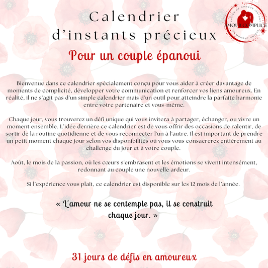 Calendrier couple Août – 31 défis amoureux à faire en duo | PDF personnalisable et imprimable | Activités romantiques pour couple