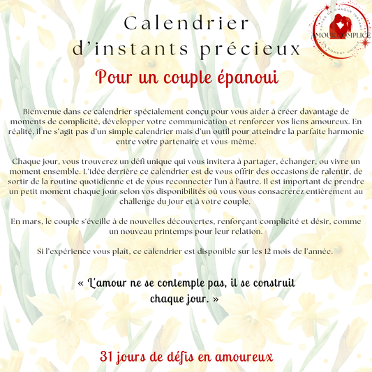 Calendrier couple Mars – 31 défis amoureux à faire en duo | PDF personnalisable et imprimable | Activités romantiques pour couple