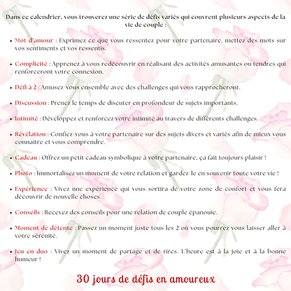Calendrier couple Juin – 30 défis amoureux à faire en duo | PDF personnalisable et imprimable | Activités romantiques pour couple