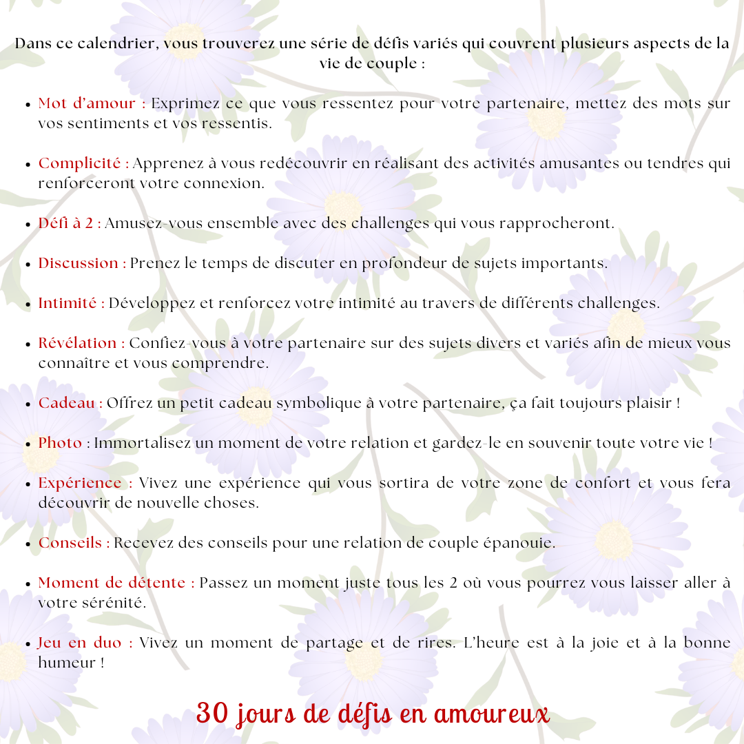 Calendrier couple Septembre – 30 défis amoureux à faire en duo | PDF personnalisable et imprimable | Activités romantiques pour couple