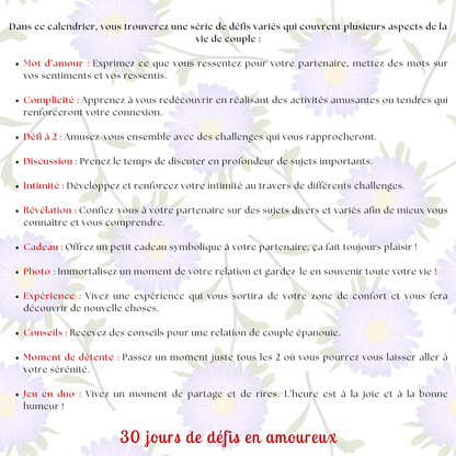 Calendrier couple Septembre – 30 défis amoureux à faire en duo | PDF personnalisable et imprimable | Activités romantiques pour couple