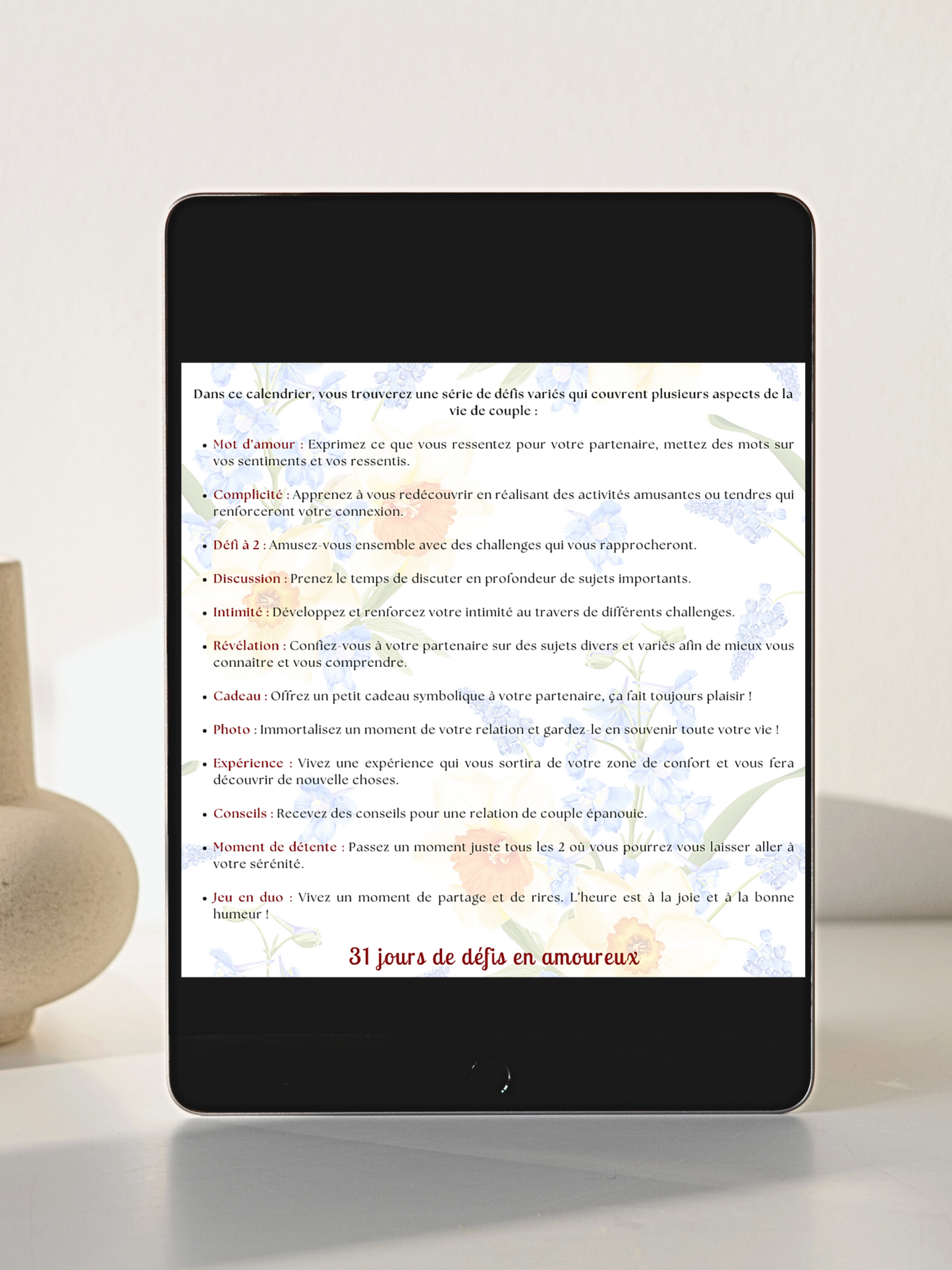 31 Défis Amoureux Juillet – Calendrier PDF Personnalisable