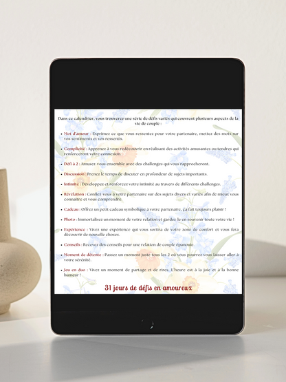 31 Défis Amoureux Juillet – Calendrier PDF Personnalisable